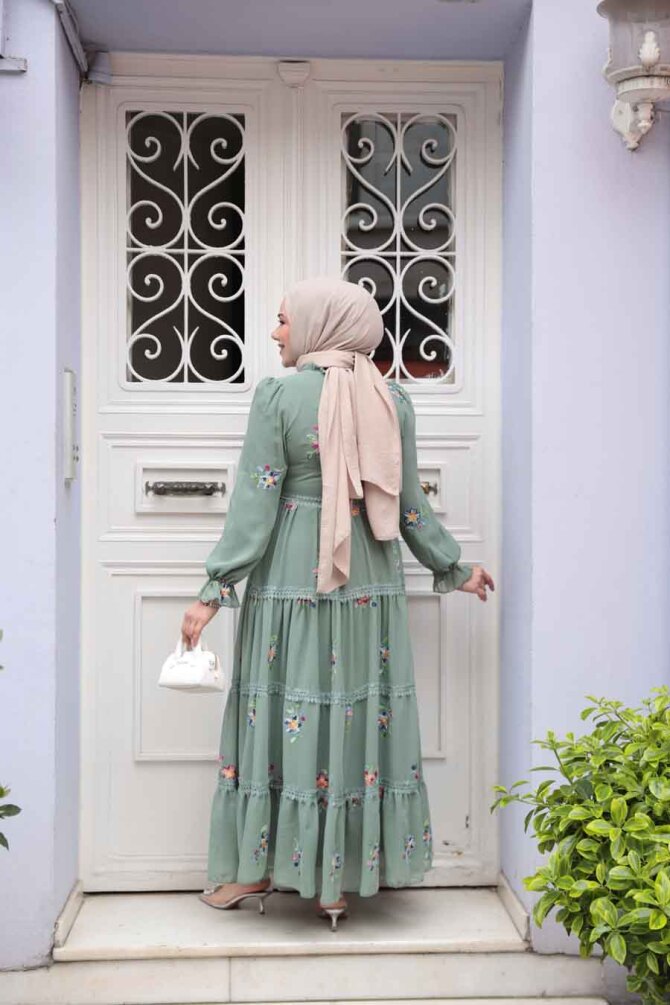 Modest Almond Green Floral Long Dress 32815CY - 3