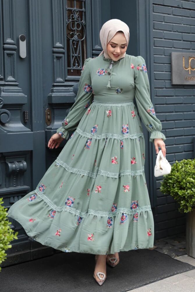 Modest Almond Green Floral Maxi Dress 32816CY - 1