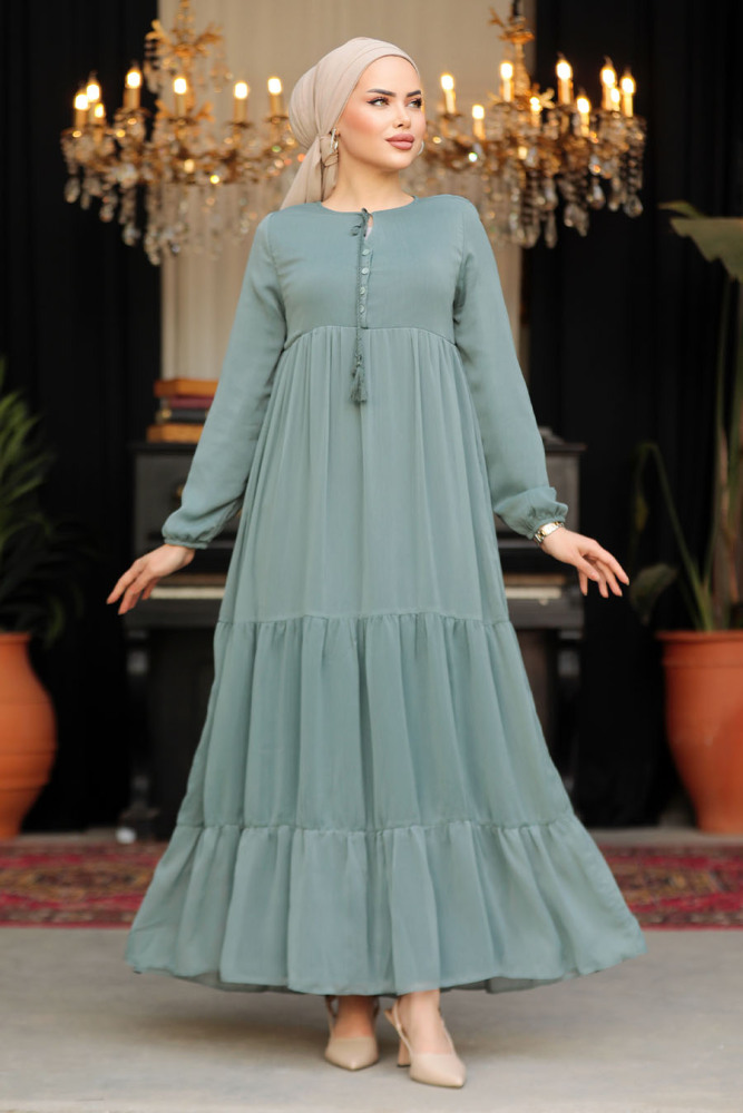Modest Almond Green Long Sleeve Dress 22051CY - 1