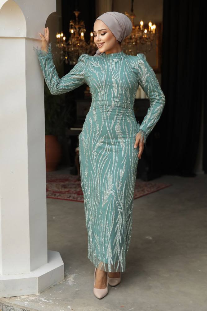 Modest Almond Green Long Sleeve Evening Dress 52053CY - 1