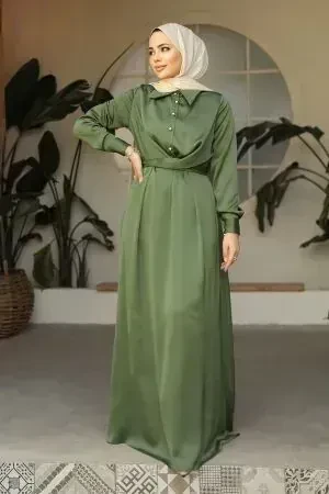 Modest Almond Green Satin Dress 45661CY 