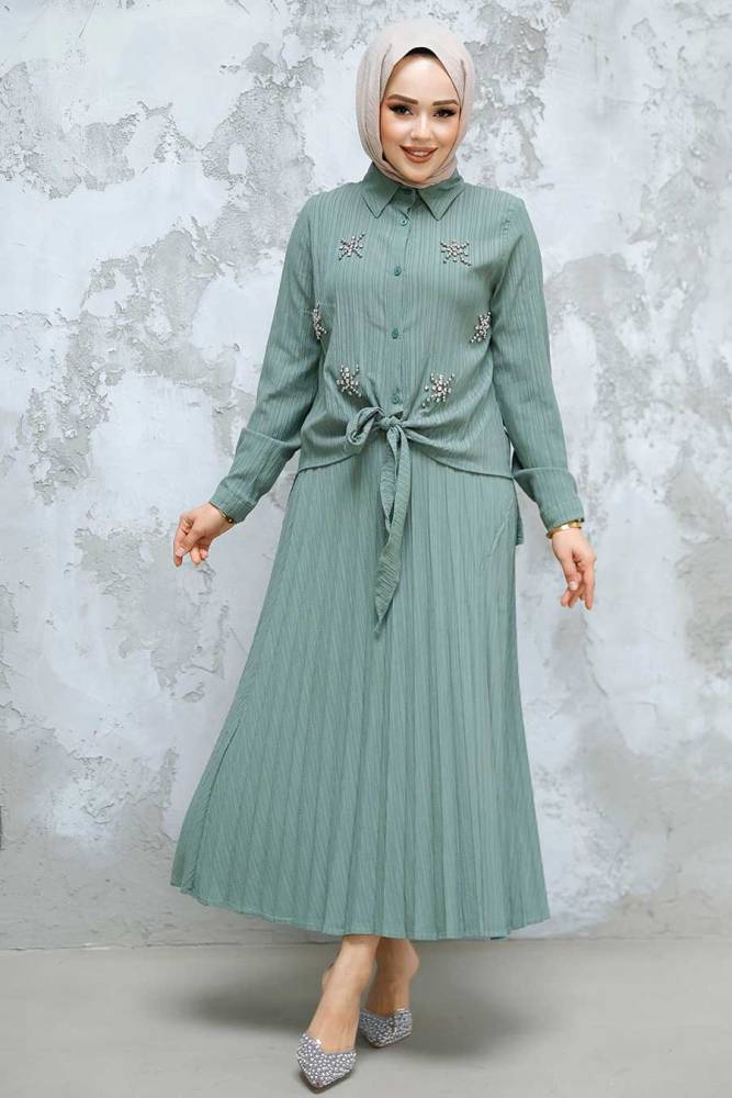Modest Almond Green Skirted Dual Suit 60062CY - 1
