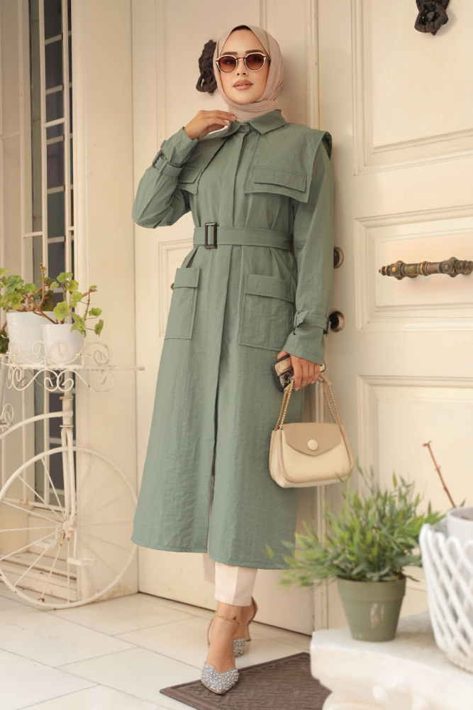 Modest Almond Green Trench Coat 19023CY - 1