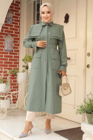 Modest Almond Green Trench Coat 19023CY - 3