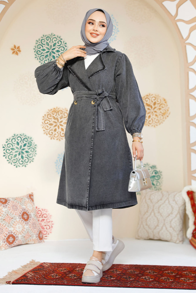 Modest Antrasit Denim Trench Coat 19128ANT - 1