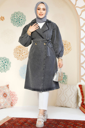 Modest Antrasit Denim Trench Coat 19128ANT - 2