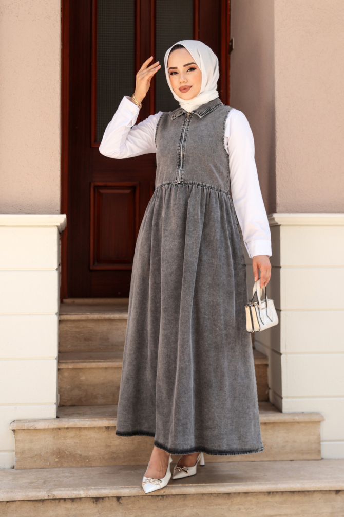 Modest Antrasit Gilet Denim Dress 19135ANT - 2