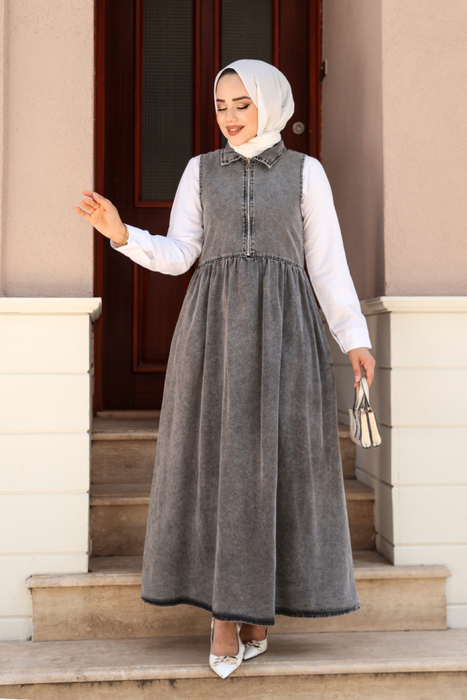 Modest Antrasit Gilet Denim Dress 19135ANT - 3