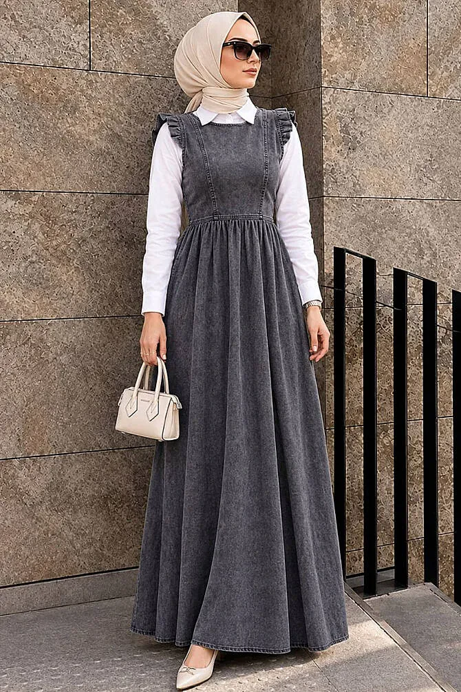 Modest Antrasit Long Denim Dress 19134ANT - 1