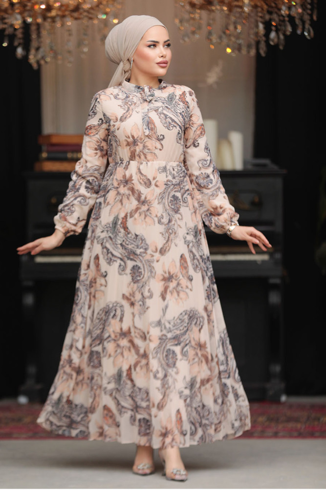 Modest Beige Chiffon Floral Dresses 50355BEJ - 2