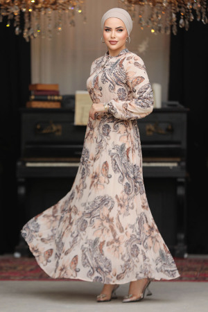 Modest Beige Chiffon Floral Dresses 50355BEJ - 3