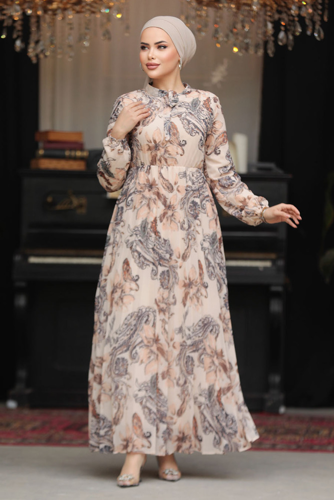 Modest Beige Chiffon Floral Dresses 50355BEJ - 4