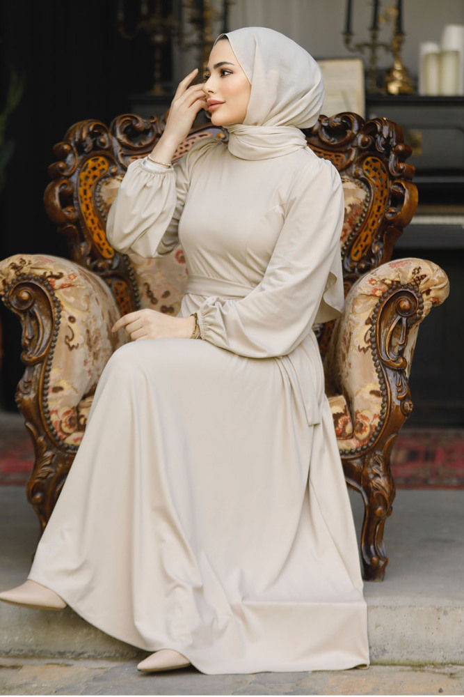 Modest Beige Dress For Plus Size 23101BEJ - 2