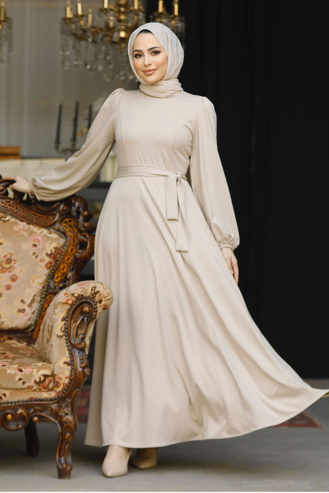 Modest Beige Dress For Plus Size 23101BEJ - 3