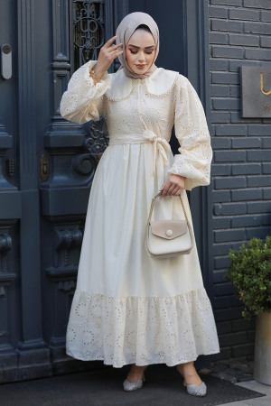 Modest Beige Dress For Women 10034BEJ - 3