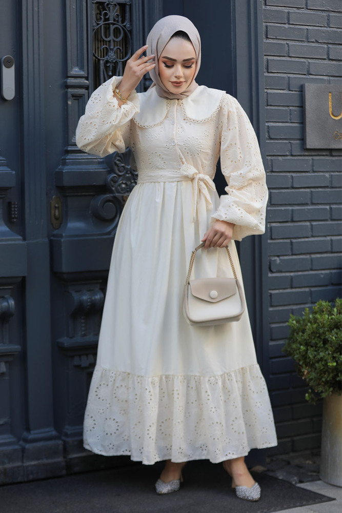 Modest Beige Dress For Women 10034BEJ - 3