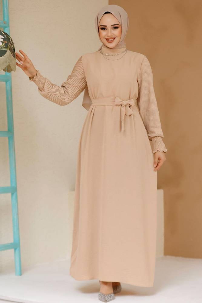 Modest Beige Dress For Women 10124BEJ - 1