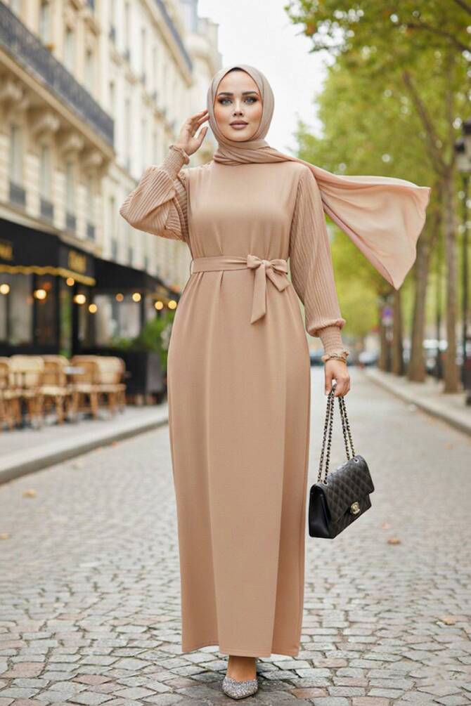 Modest Beige Dress For Women 10124BEJ - 1