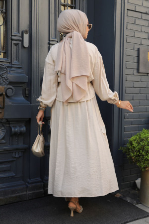 Modest Beige Dual Skirt Suit 14225BEJ - 3