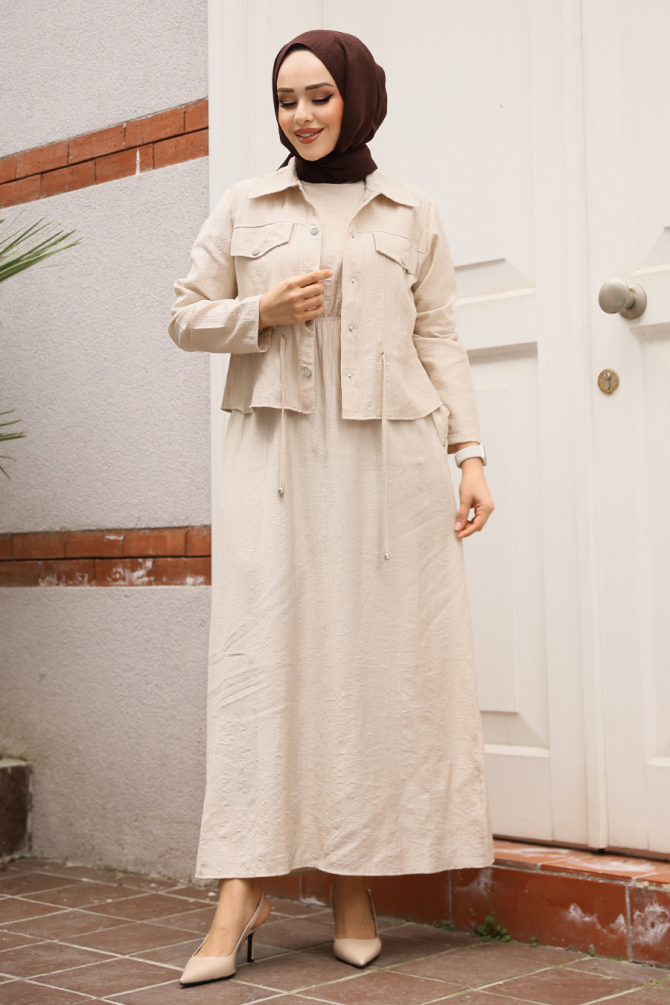 Modest Beige Dual Suit Dress 44651BEJ - 1