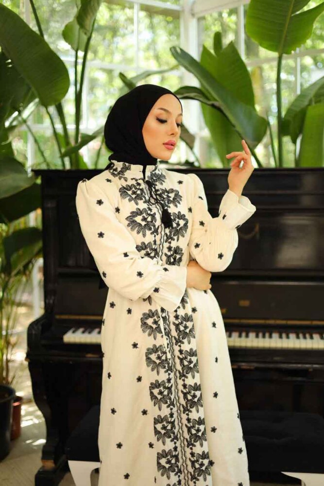 Modest Beige Eid Dress 13503BEJ - 4