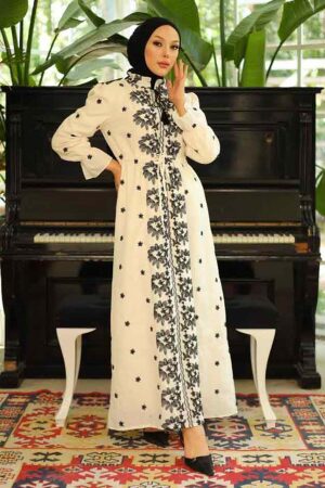 Modest Beige Eid Dress 13503BEJ - 1