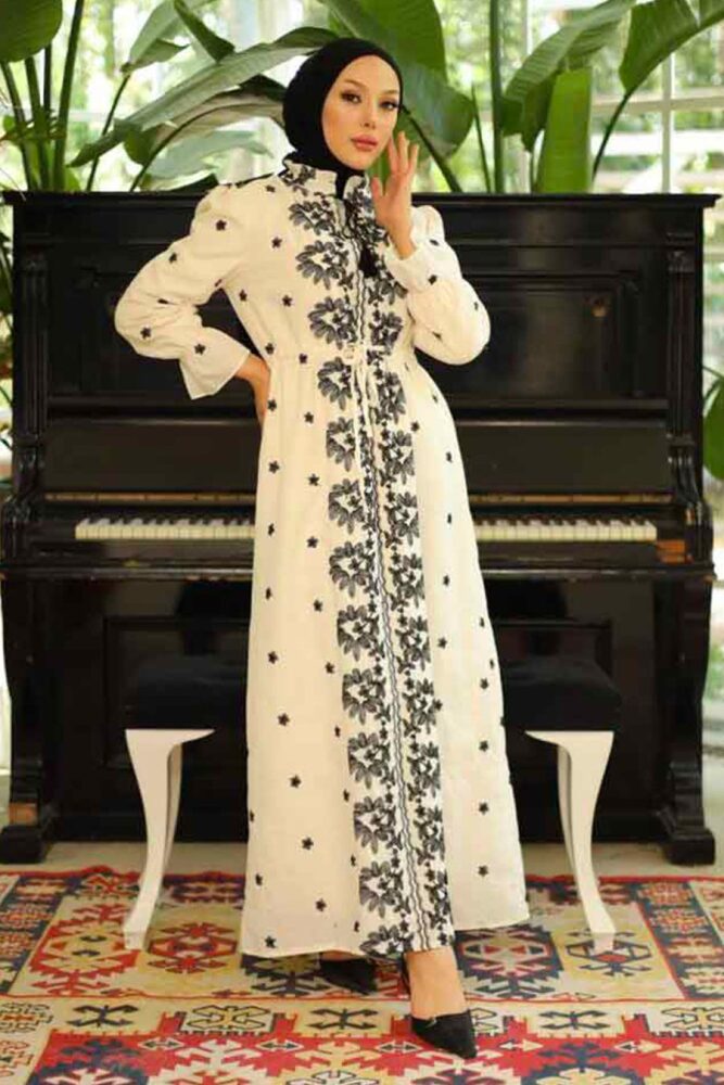 Modest Beige Eid Dress 13503BEJ - 1