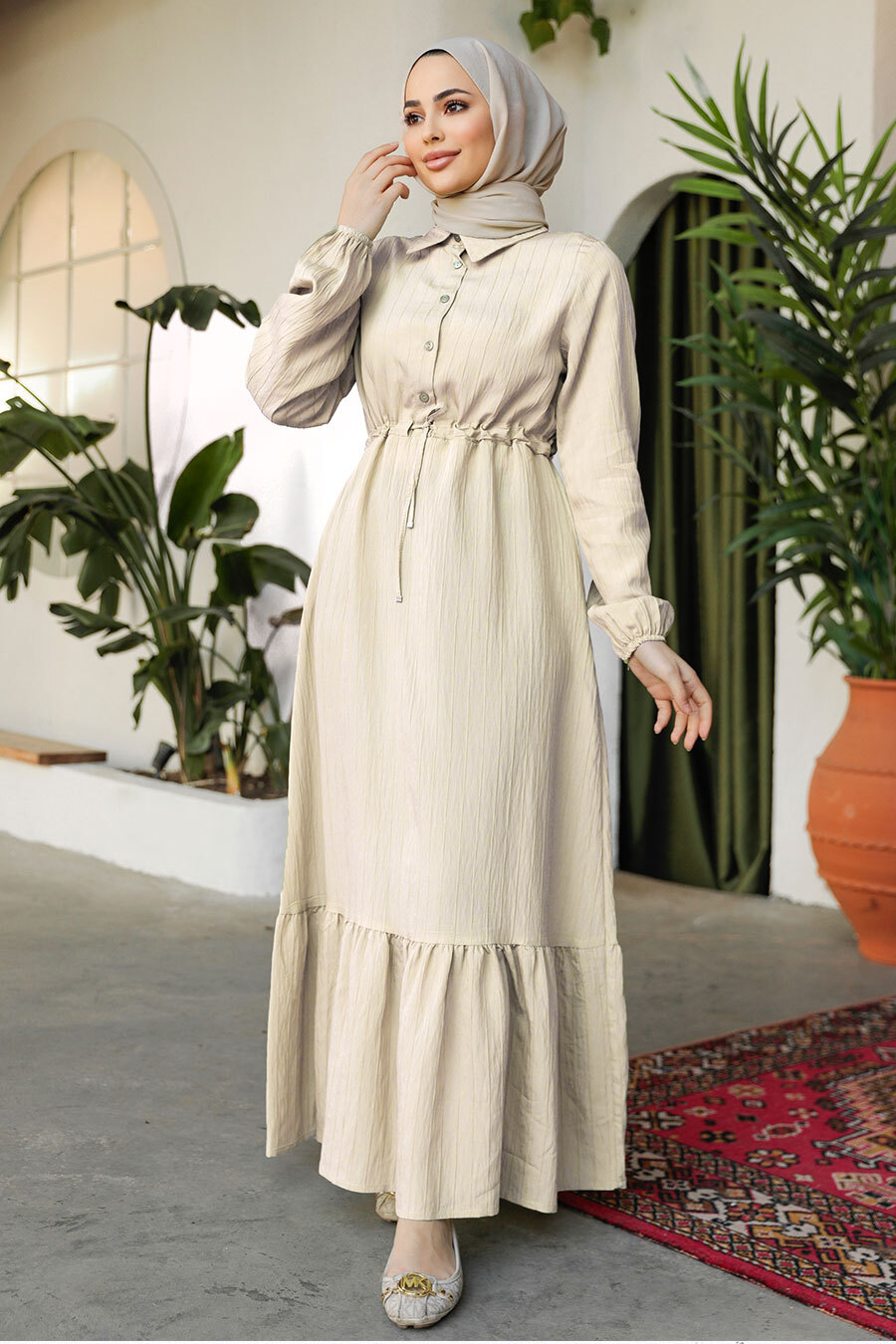 beige eid dress Modest Beige Eid Dress 13503BEJ