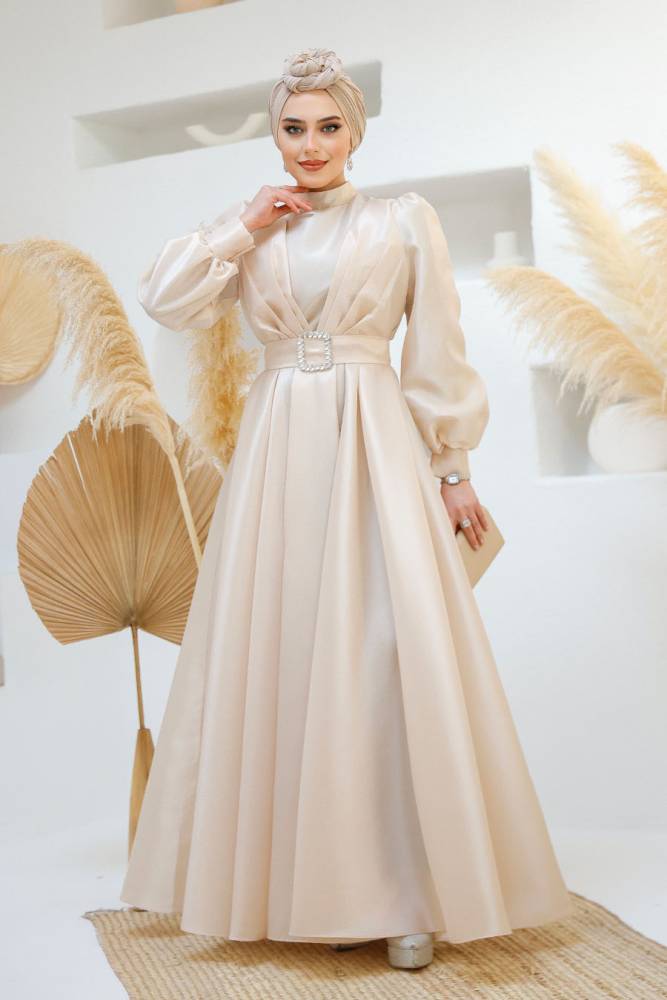 Modest Beige Evening Gown 45295BEJ - 2