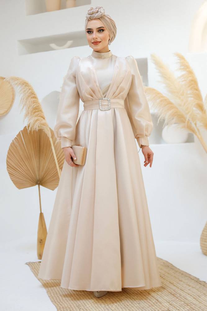 Modest Beige Evening Gown 45295BEJ - 3