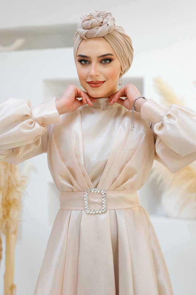 Modest Beige Evening Gown 45295BEJ - 5