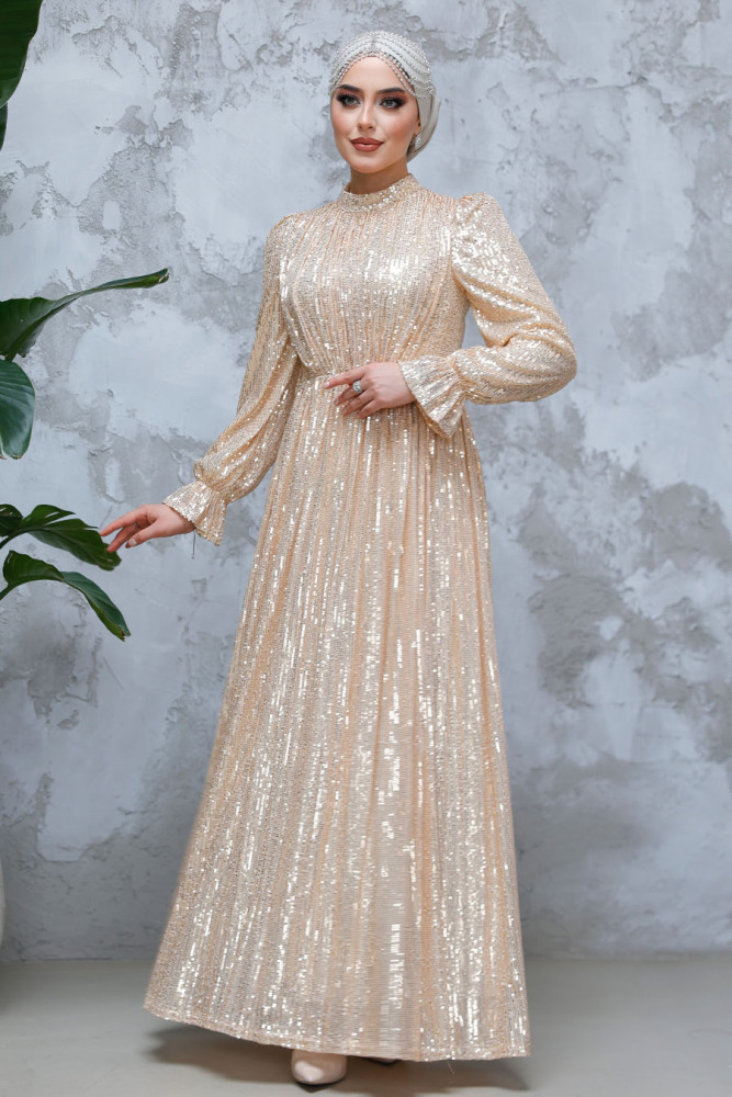 Modest Beige Evening Gown With Long Sleeve 44961BEJ - 1