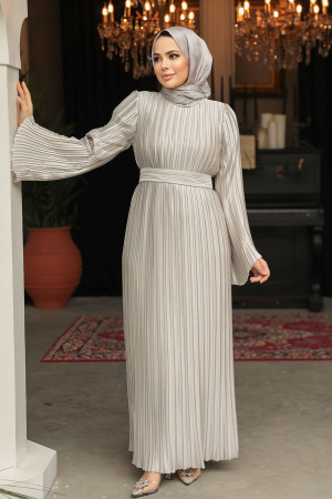 Modest Beige Evening Gown With Sleeve 45771BEJ - 2