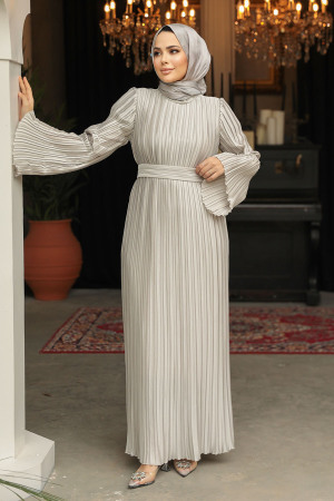 Modest Beige Evening Gown With Sleeve 45771BEJ - 1