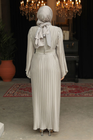 Modest Beige Evening Gown With Sleeve 45771BEJ - 3