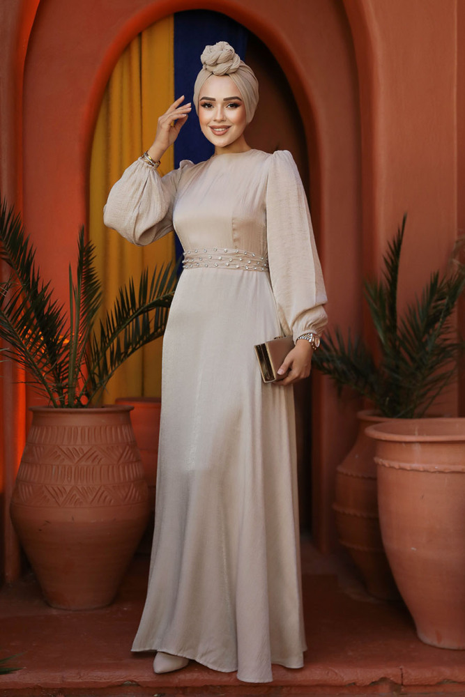 Modest Beige Evening Long Dress 23302BEJ - 2