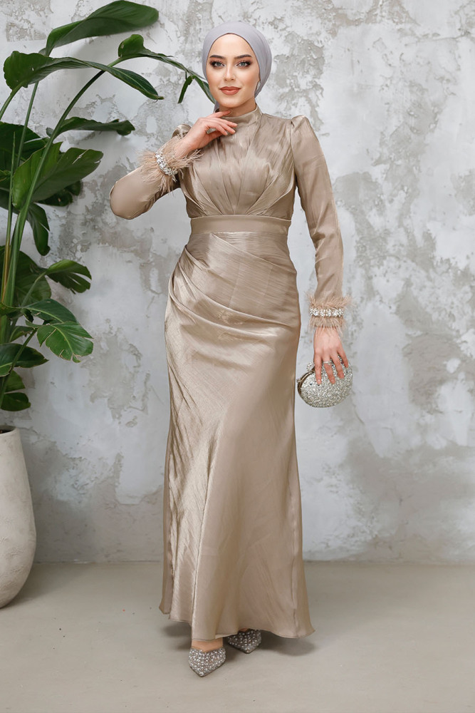 Modest Beige Evening Long Dress 50481BEJ - 3