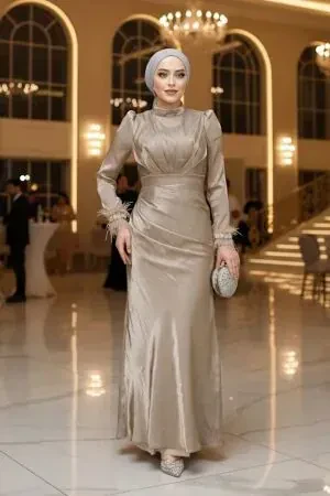 Modest Beige Evening Long Dress 50481BEJ 