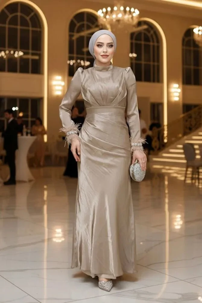 Modest Beige Evening Long Dress 50481BEJ - 1