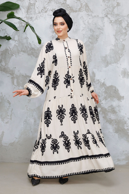 Modest Beige Floral Dress 25491BEJ - 1