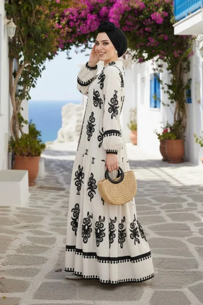 Modest Beige Floral Dress 25491BEJ - 1