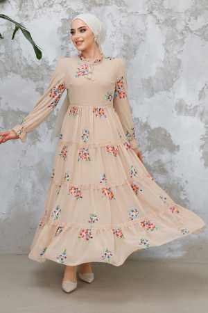 Modest Beige Floral Long Dress 32815BEJ 