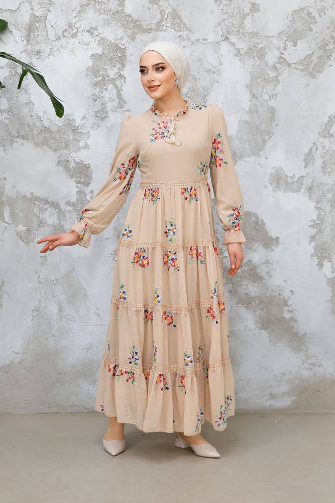 Modest Beige Floral Long Dress 32815BEJ - 3