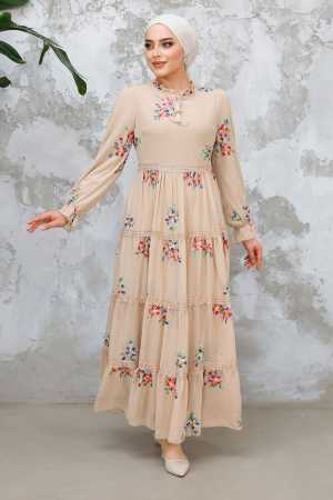 Modest Beige Floral Long Dress 32815BEJ - 2