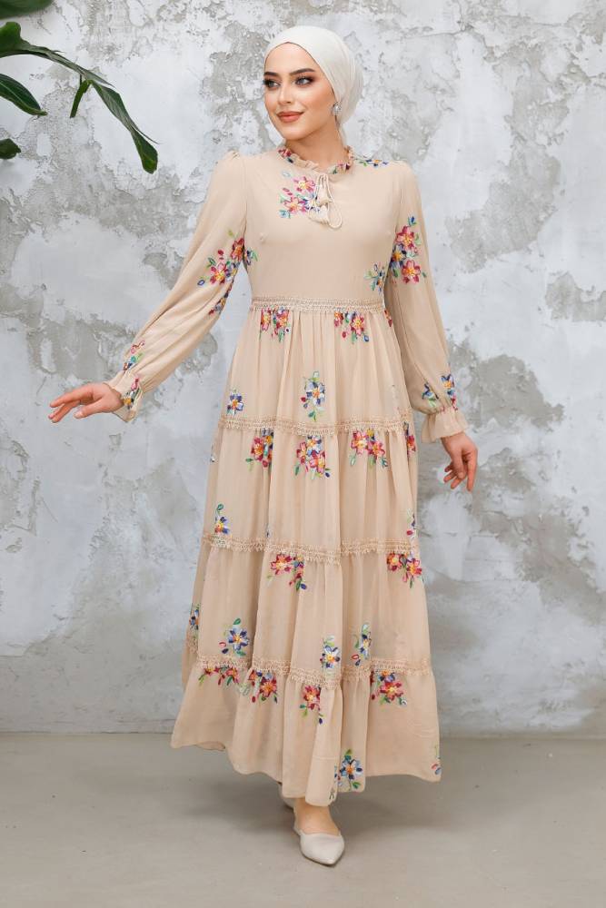 Modest Beige Floral Long Dress 32815BEJ - 2