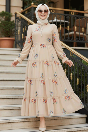 Modest Beige Floral Long Dress 32815BEJ 