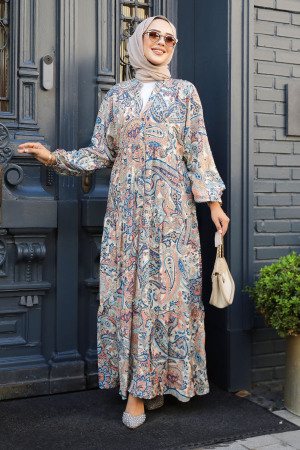 Modest Beige Floral Maxi Dress 23585BEJ - 2