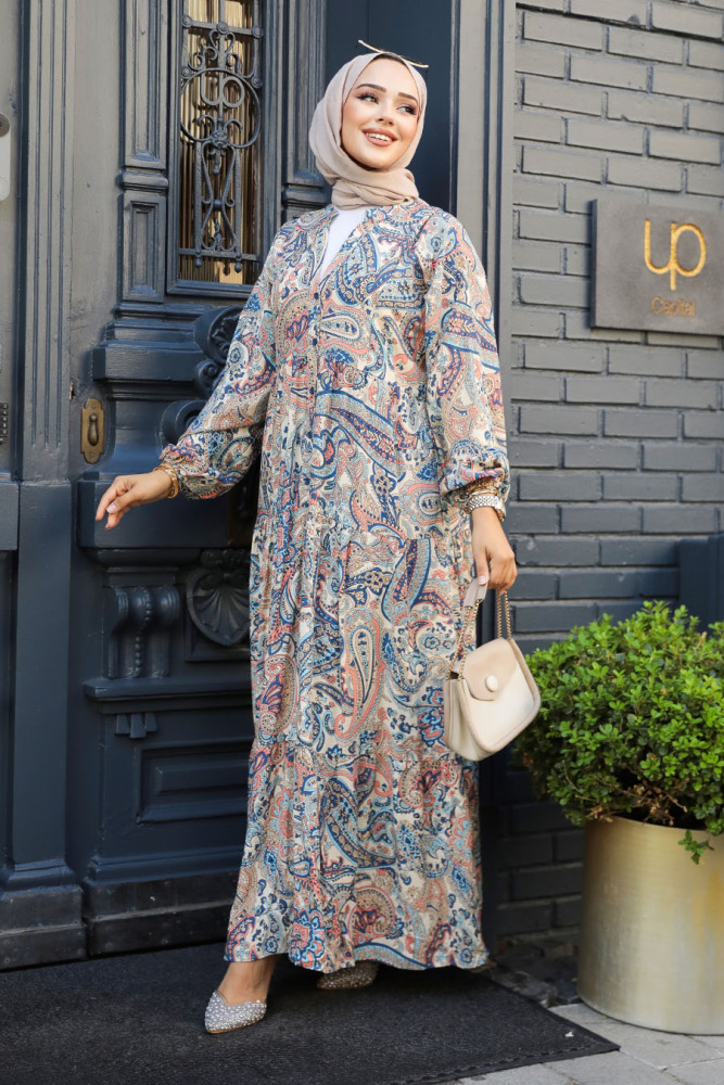 Modest Beige Floral Maxi Dress 23585BEJ - 3