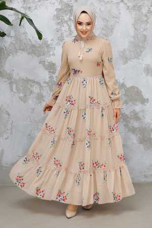 Modest Beige Floral Maxi Dress 32816BEJ - 1