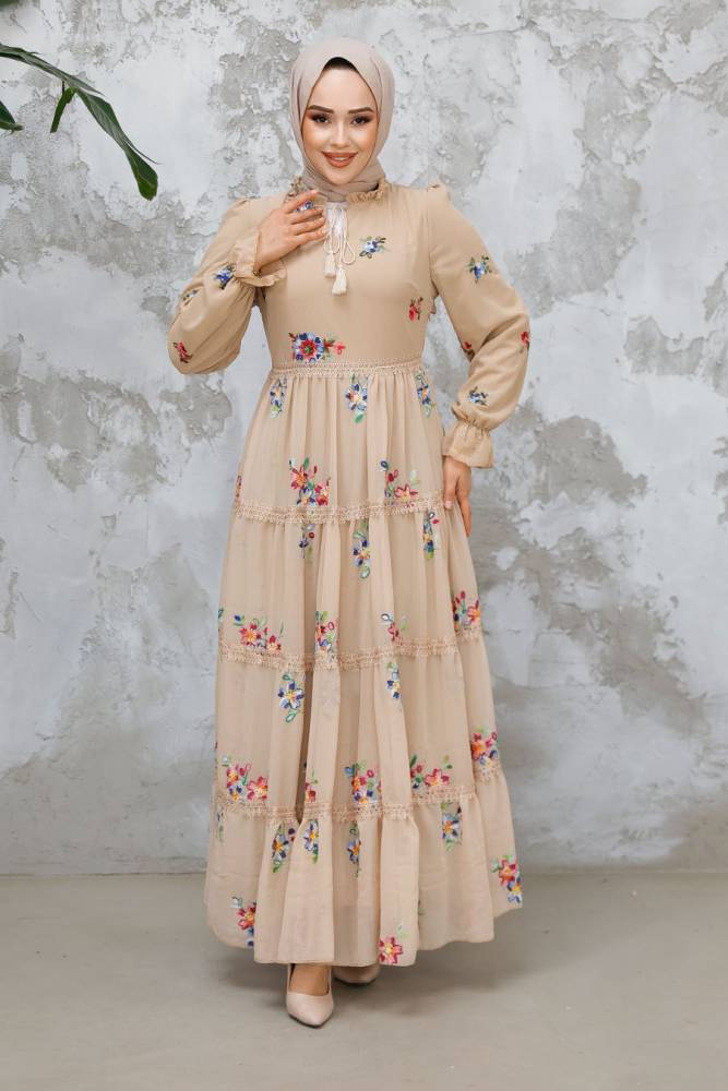 Modest Beige Floral Maxi Dress 32816BEJ - 2